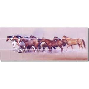 Free for All by John Fawcett   Western Horses Ceramic Tile Mural 12.75 