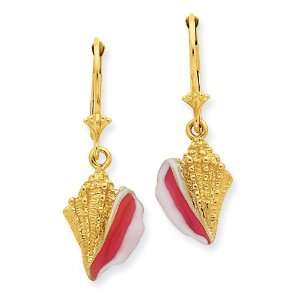  14k Gold Enameled Conch Shell Leverback Earrings Jewelry