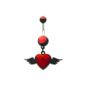  Red CZ Black Winged Heart Dangling Belly Button Ring 