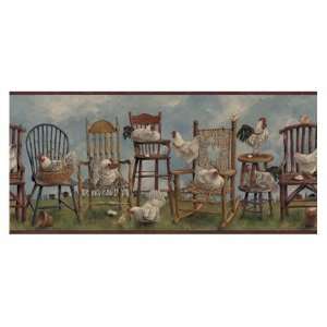  Chickens in Chairs Burgundy Wallpaper Border by 4Walls 