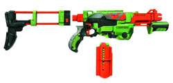 This blaster comes with 10 long range discs and snap in magazine for 