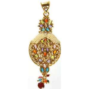   Color Polki Crown Pendant with Cut Glass   Copper Alloy with Cut Glass