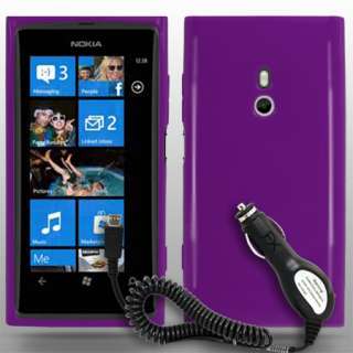 Solid Glossy Purple Gel Case For Nokia Lumia 800 & Car Charger + Film 