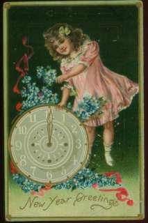 040710 ANTIQUE TUCK NEW YEAR POSTCARD GIRL AND CLOCK 1908  