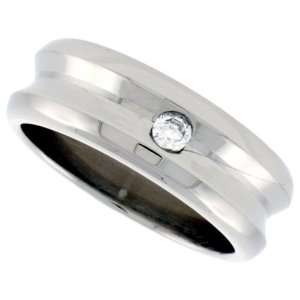 Surgical Steel 5/16 ( 8 mm ) Polished Grooved Band w/ Single CZ Stone 