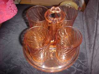 Vintage Rosaline Pink Swirl France Carry Tray Handle 4 Glasses Very 