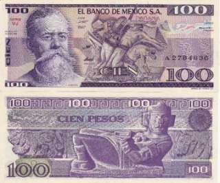 Banco de Mexico $ 100 Pesos Carranza Mar 25, 1982 UNC Serie A2784836 