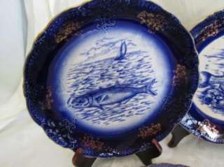 Flow Blue Rare 5 Oliver China Fish Plates  