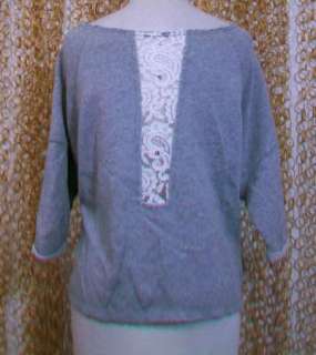 FREE PEOPLE Oversized Slouchy Gray 3/4 Sleeve Sweater w/ Lace Center 