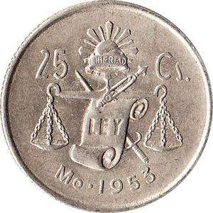 1953 Mexico 25 Centavos Silver Coin Scale KM#443  