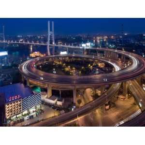 Highway Traffic at Entrance to Nanpu Bridge over Huangpu River 