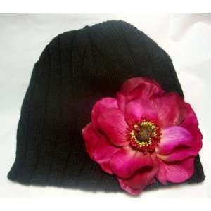    NEW Black Winter Hat with Fuchsia Anemone Flower, Limited. Beauty