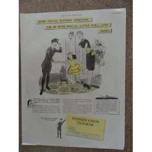 Western Union Telegram, Vintage 40s full page print ad. (woman,little 