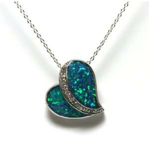  Silver Heart w/CZ stone & Opal Inlay Pendant Jewelry