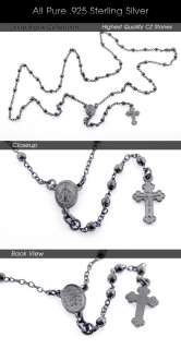 New BLACK .925 Sterling Silver Rosary Chain w. Crucifix  
