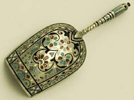 Russian Silver Gilt and Cloisonné Enamel Tea Caddy Spoon   Antique 
