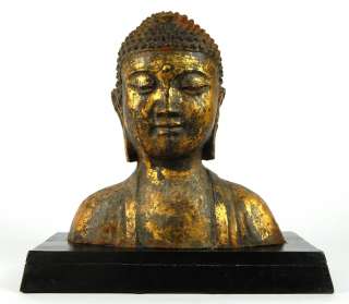 STEEL BUDDHA BUST Buddhist Sculpture Gold Statue w Base  