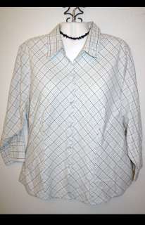 CATO Plus Size 22/24 White Brown Blue Plaid Button Down Shirt Top 100% 