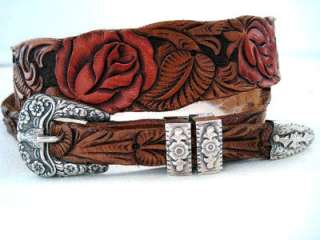   LEATHERSMITH HAND TOOLED LEATHER BELT/STERLING BUCKLE 4 WYLEYS  