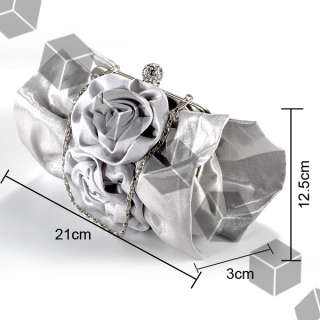gray silver satin Diamante Crystal FLOWERS BRIDAL EVENING CLUTCH BAG 