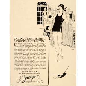 1928 Ad French Jantzen Swimsuit Pool Diving Girl Cap   Original Print 