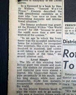 1955 ALBERT EINSTEIN Death 1st Report PHYSICS General Relativity Fame 