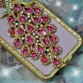 1X iPhone 4G 4Gs 4S Pink Leather Peacock Diamond Rainstone Bling Case 