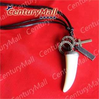 Lady Mens Leather Necklace Wolf Tooth Cross Pendant Choker Genuine 