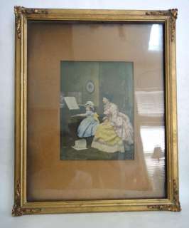 antique MUSIC PRINT w/FRAME color CHILDS PIANO LESSON★  