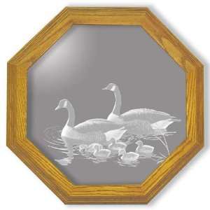  Etched Mirror Waterfowl Art in Solid Oak Octagon Frame 