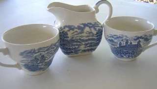 Royal Warwick Creamer and 2 Cups Loch Leven Scotland Delft Blue White 