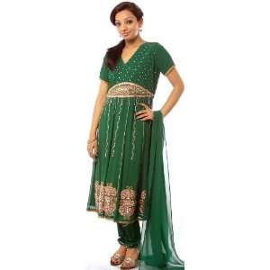  Islamic Green Anarkali Suit with Embroidered Sequins and 