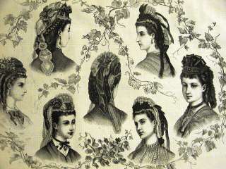   Fashion HATS CAPS w RIBBONS BOWS HAIR STYLES Antique Engraving Matted