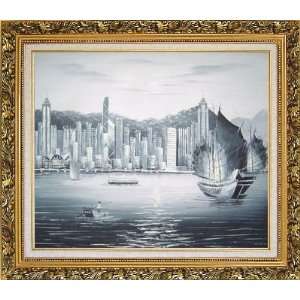 Black and White Hong Kong Victoria Bay Scenery Oil Painting, with 