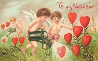 Valentines Day Fabric Block Vintage Postcard on Fabric Cupids  