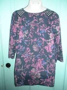  NEW Feminine Navy Blue & floral Boho Tunic Top by BASIC EDITIONS