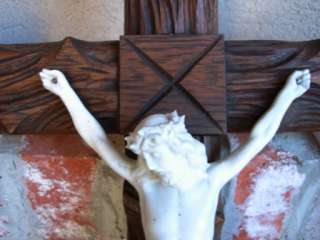 Antique English Carved Wood Wall Cross Crucifix Porcelain Jesus  