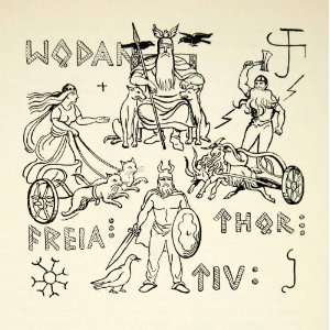  1947 Lithograph Norse Mythology Wodan Odin Thor Freia Tiu Tyr 