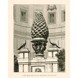  1876 Wood Engraving Giardino Della Pigna Bronze Pine Cone 