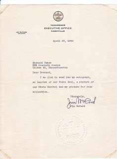 JIM MCCORD SIGNED TYPED LETTER GOVERNOR OF TENNESSEE  