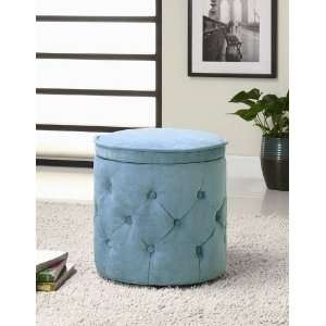  Round Storage Ottoman with Button Tufted in Blue Chenille 
