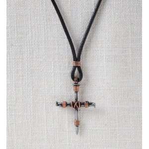  Nail Cross Pendant with Leather Cord, Small Arts, Crafts 