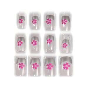 Pink Flower & Silver French Tip Glue/Stick/Press On Artificial/False 