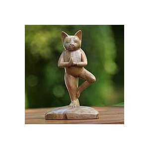  NOVICA Wood sculpture, Tree Pose Yoga Cat