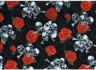 SKULLS & RED ROSES ON BLACK~ Cotton Quilt Fabric  