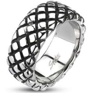   Spikes Mens Stainless Steel 9mm Checkered Pattern Cast Ring: Jewelry