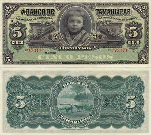 Mexico $ 5 Pesos El Banco de Tamaulipas UNC Genuine.  