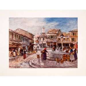  1906 Color Print Kalamata Gulf Messene Greece Market Place 
