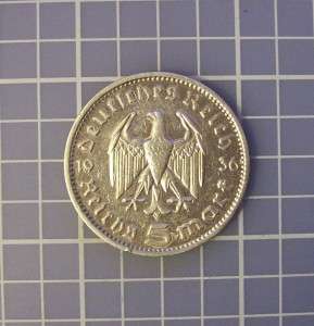 1936e German 14g silver 5 mark Third Reich .900 coin  paul von 