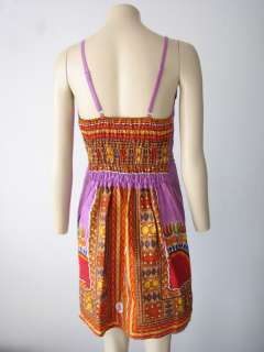 Vintage Boho Ethnic Thai Print & Bead Pattern Strap Short Dress  